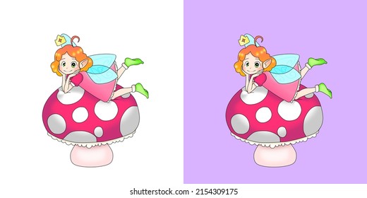 Little Red-haired Fairy On Top Of A Mushroom. Magical Cute Girl Wearing A Pink Dress Lying On A Mushroom. Anime Girl With Freckles And Green Eyes Wearing Socks. Anime Style Logo.