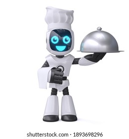 Little Robot Cook Holding Serving Cloche, Chef Robot 3d Rendering