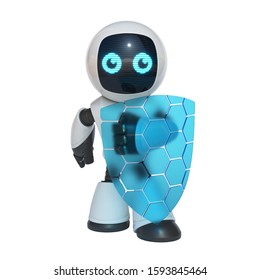 Little Robot Holding Transparent Shield, Data Security Concept, 3d Rendering