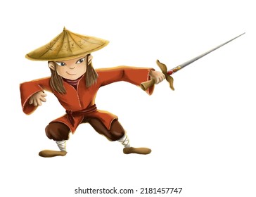 Little samurai boy in red kimono training kung fu, isolated. Cartoon samurai with sword. White background