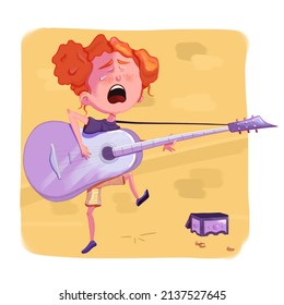 Little Singer illustration. Girl with guitar, singing and crying. Character design. Book illustration. Drawing digital raster
