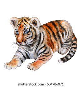 Little tiger Isolated on white background. Postcard, print, greeting card, book, poster, tee-shirt, kids toys. Watercolor. Illustration. Handmade
