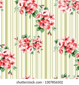 Little Tiny Small Pastel Colour Pink Red  Rose Flowers On Floral Light Mint  Stripes  Seamless Repeating Background Artistic Wallpaper Pattern For  Baby Bridal Shower  Garden Beach Party 