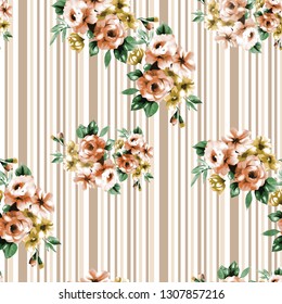 Little Tiny Small Pastel Colour Orange Yellow  Rose Flowers On Floral Pastel Pink  Stripes  Seamless Repeating Background Artistic Wallpaper Pattern For  Baby Bridal Shower  Garden Beach Party 