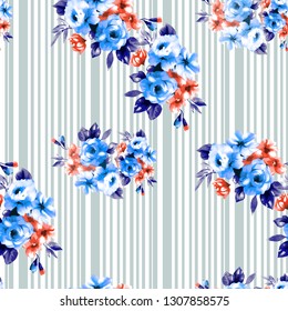 Little Tiny Small Pastel Colour Blue  Red Yellow  Rose Flowers On Floral Light Mint  Stripes  Seamless Repeating Background Artistic Wallpaper Pattern For  Baby Bridal Shower  Garden Beach Party 