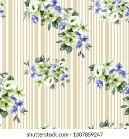 Little Tiny Small Pastel Colour Blue Green Rose Flowers On Floral Light Mint  Stripes  Seamless Repeating Background Artistic Wallpaper Pattern For  Baby Bridal Shower  Garden Beach Party 