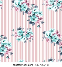 Little Tiny Small Pastel Colour Blue Purple  Rose Flowers On Floral Light Pink Stripes  Seamless Repeating Background Artistic Wallpaper Pattern For  Baby Bridal Shower  Garden Beach Party 