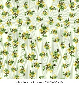 Little Tiny Small Pastel Colur Green Yellow  Rose Flowers On Floral Light Mint Grey Geometric Seamless Repeating Background Artistic Wallpaper Pattern For  Baby Bridal Shower  Garden Beach Party 