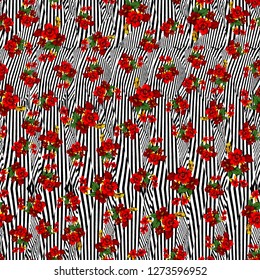 Little Tiny Small Violet Scarlet Red   Rose Flowers On Floral Dark Black Geometric Seamless Repeating Background Artistic Wallpaper Pattern For Valentine's Day Baby Bridal Shower  Garden Beach Party 