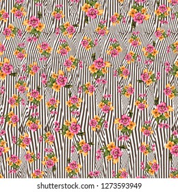 Little Tiny Small Violet Yellow Pink  Rose Flowers On Floral Dark Grey Geometric Seamless Repeating Background Artistic Wallpaper Pattern For Valentine's Day Baby Bridal Shower  Garden Beach Party 