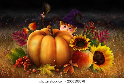 The Little Witch Hide Behind The Pumpkin In The Fall Harvest Season. Halloween, Thanksgiving Background, Book Cover, Gift Card, Invitation. Cartoon Character, Cute Witch, Magical Holiday Story.