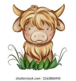 Little Yak Portrait. Hand Drawn Watercolor Nursery Illustration