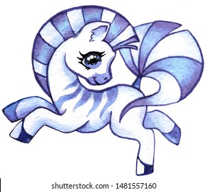 Little Zebra, Cute Cartoon Pony, Little Horse, Frisky Playful Zebra On White Background, Galloping, Circus Zebra, Baby Animal, Drawing For Kids. Painted In Watercolor In Blue And Purple.