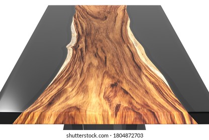 Live edge wooden table with black epoxy resin on a white background. Isolated. 3D rendering