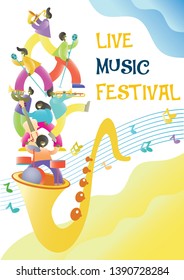 Live Music Festival Promotional Poster Design Template. Big Saxophone With Musicians Playing Musical Instruments And Singing. Jazz Band Concert.