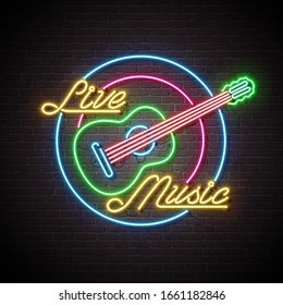 Live music neon sign with guitar and letter on brick wall background. Design template for decoration, cover, flyer or promotional party poster. JPG version. - Powered by Shutterstock