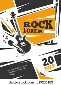 Live Music Poster Template. Rock Concert With Guitar, Musical Placard Vintage Illustration