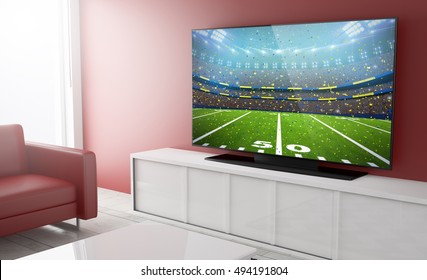 Live Streaming Football On Smart Tv On A Living Room. 3d Rendering.