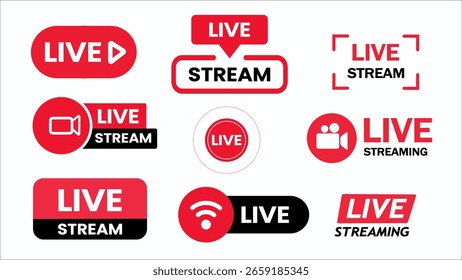 Live streaming icon set. Different shape Red and black symbols and buttons of live streaming.