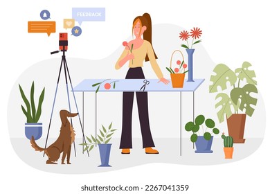 Live video podcast of florist blogger from home garden. Cheerful woman vlogger holding flower, girl showing floral bouquet in social media flat illustration. Stream, vlog, hobby concept - Powered by Shutterstock