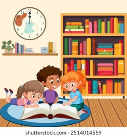 A lively, colorful illustration of a diverse group of children sitting together in a cozy library, surrounded by bookshelves. The children were engrossed in reading, sharing books, and exchanging idea - Powered by Shutterstock