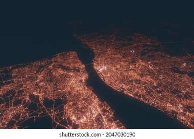 Liverpool Aerial View At Night. Top View On Modern City With Street Lights. Satellite View With Glow Effect