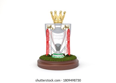 
Liverpool, England - 26 June, 2020 The main Cup of the English Premier League Trophy 3D rendering. 3d illustration of English Premier League cup.