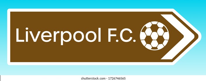 Liverpool, United Kingdom - May 08 2020:  A graphic illlustration of a British tourist road sign pointing to the home ground of Liverpool FC