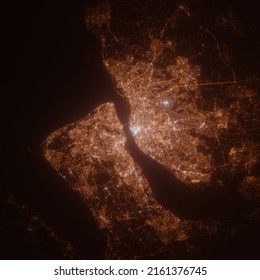 Liverpool (United Kingdom) Street Lights Map. Satellite View On Modern City At Night. Imitation Of Aerial View On Roads Network. 3d Render, High Resolution