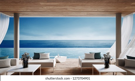 Living beach lounge - ocean villa on Sea view for vacation and summer / 3d render interior