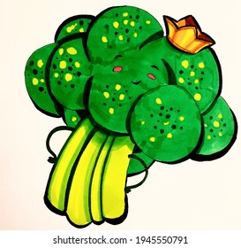 Living Broccoli With A Crown, A Positive Vegetable, A Character.