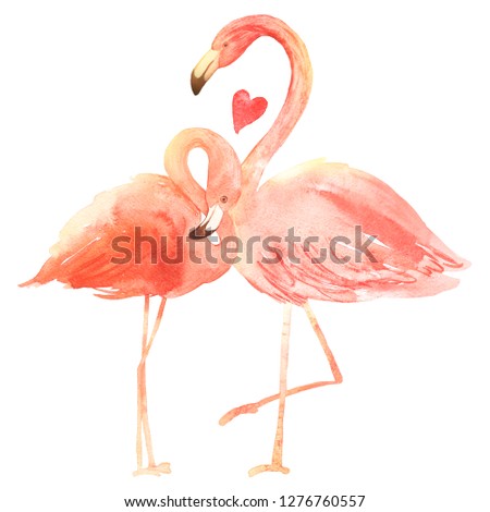 Living coral flamingos in love. Watercolor Happy Valentine's day greeting card. Hand drawn. Pink