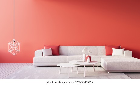 Living Coral Interior / Color of The Year for festive and valentine / 3D render 
interior