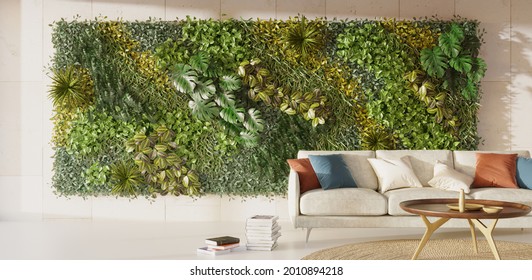 Living Green Wall In Interior Desing. Vertical Garden Interior, 3d Render