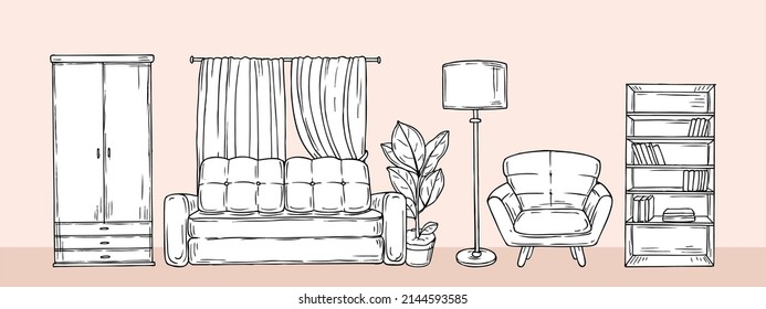 Living Room Banner. Sketch Furniture, Flat Apartment With Wardrobe, Sofa, Arm Chair And Bookshelf. Cozy Interior Background, Drawing Home Accessories Illustration