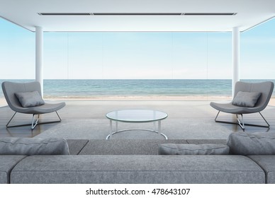 Living Room In Beach House, Modern Interior With Sea View - 3D Rendering