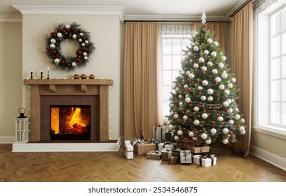 The living room is beautifully decorated for Christmas with a stunning tree, vibrant gifts, and a warm fireplace. 3D Illustration - Powered by Shutterstock