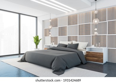 Living Room With Bed, Linens And Pillows, Side View, On Carpet And Grey Floor With Windows. Nightstands And Lamps, Plant In The Corner, 3D Rendering No People