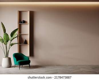 Living Room With Beige Brown Empty Walls. A Bright Accent Is A Green Emerald Chair. Luxury Mockup Interior Design. Minimalism Style - Painting Space And Furniture. 3d Rendering