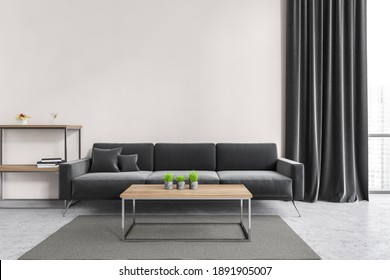 Living Room With Black Sofa And Wooden Coffee Table With Plants, Front View. White Wall And Curtains With Window, Furniture On Parquet Floor, 3D Rendering No People