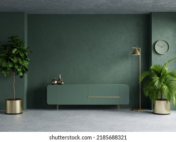 Wohnzimmer mit Fernsehschrank auf dunkelgrünem Hintergrund.3D-Darstellung – Stockillustration