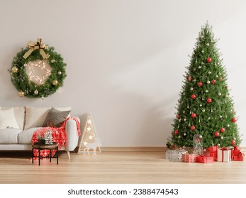 Living room christmas interior with velvet sofa on empty white background.3d rendering - Powered by Shutterstock