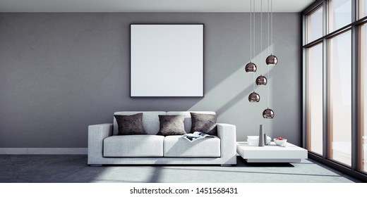 Living room with couch and empty picture frame in high-rise building - 3D illustration