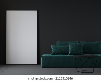 Living Room In Dark Colors. An Emerald Green Sofa And A Large Tall Vertical Canvas Frame For A Picture. Accent View Of Art. 3d Rendering