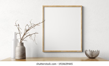 Living Room Decoration. Wooden Mock Up Poster Frame On White Wall Above The Shelf. Home Decor With Vases. Interior Background 3d Rendering