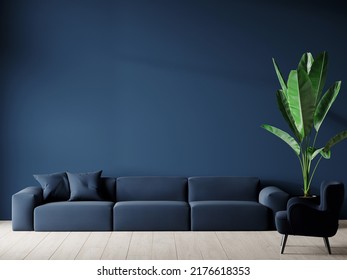 Living Room In Deep Dark Colors Accent. Trendy Blue Interior In A Minimalist Modern Style With Blue Furniture. Empty Painted Wall For Art. Mockup Design - Lounge Or Hall Area. 3d Rendering