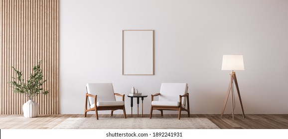 Living Room Design With Empty Frame Mockup, Two Wooden Chairs On White Wall, Copy Space, 3d Render, 3d Illustration