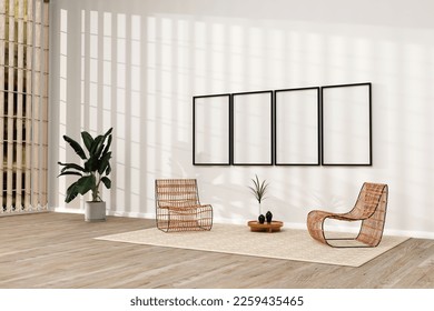 Living room design with empty frames mockup, two rattan chairs on white wall. 3d illustration