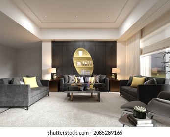 Living Room Design With Gray Upholstered Furniture With Wood Paneling And A Yellow Niche With Shelves. 3D Rendering.