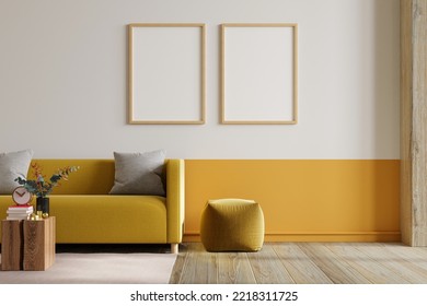 Living Room With Design Yellow Velvet Sofa And Mockup With Vertical Frames On Empty Dark Yellow Wall.3d Rendering